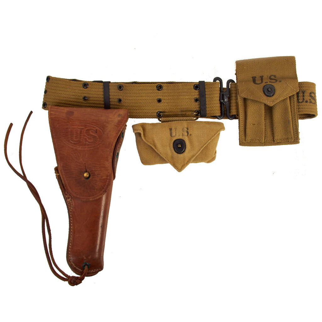 Original U.S. WWII Officer M1936 Pistol Belt, M1911 Holster, WWI Magazine Pouch & Carlisle First Aid Pouch WITH Bandage - All 1942 Dated Original Items