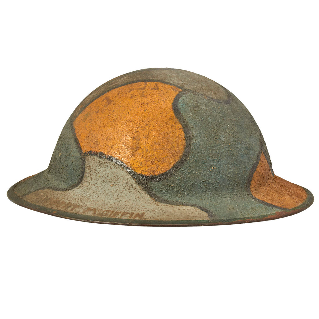 Original U.S. WWI NAMED M1917 Doughboy Helmet with Camouflage Panel Textured Paint - PFC Robert R. McGiffin Original Items
