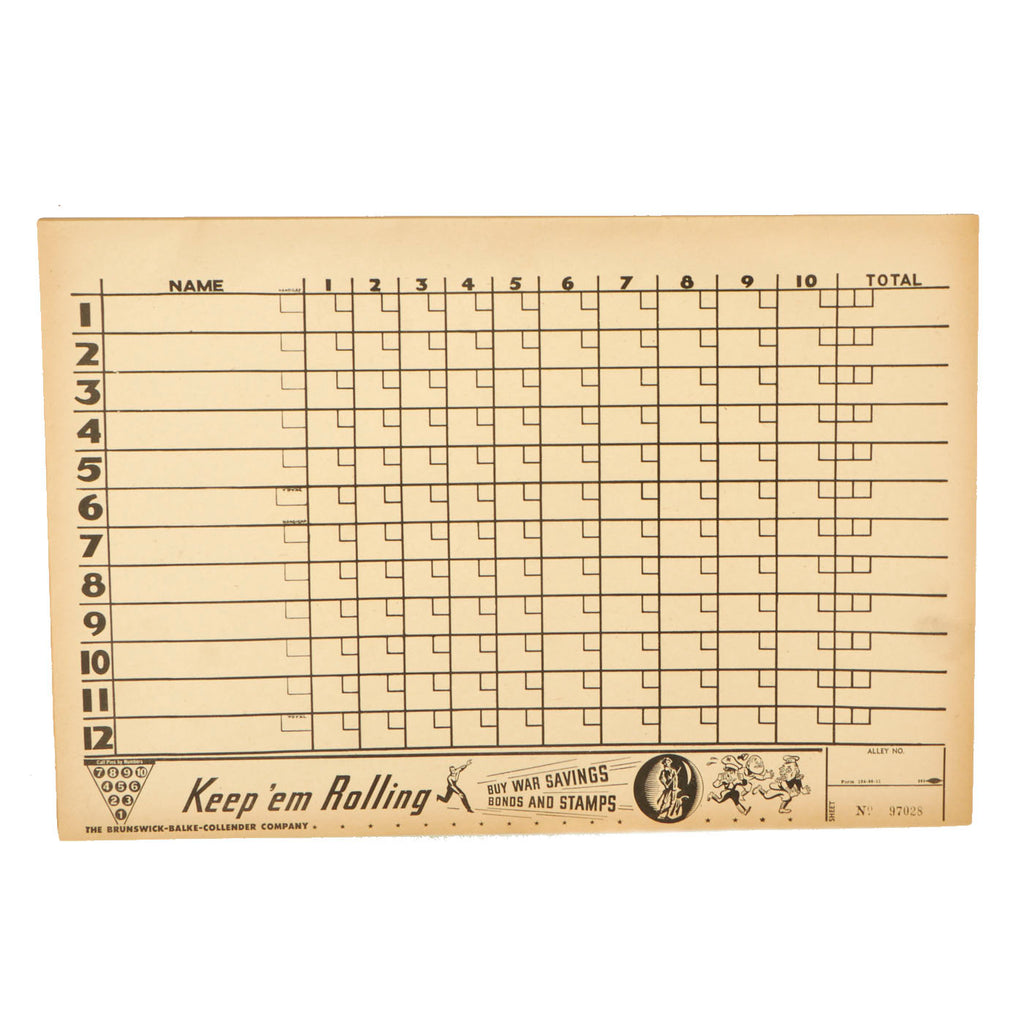 Original U.S. WWII “Keep ‘em Rolling” War Savings and Bonds Bowling Score Cards - The Brunswick-Balke-Collender Company Original Items