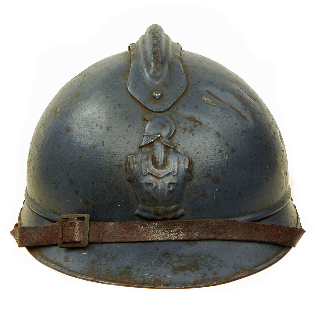 Original French WWI Model 1915 Adrian Helmet in Horizon Blue with RF Engineer Badge - Complete Original Items