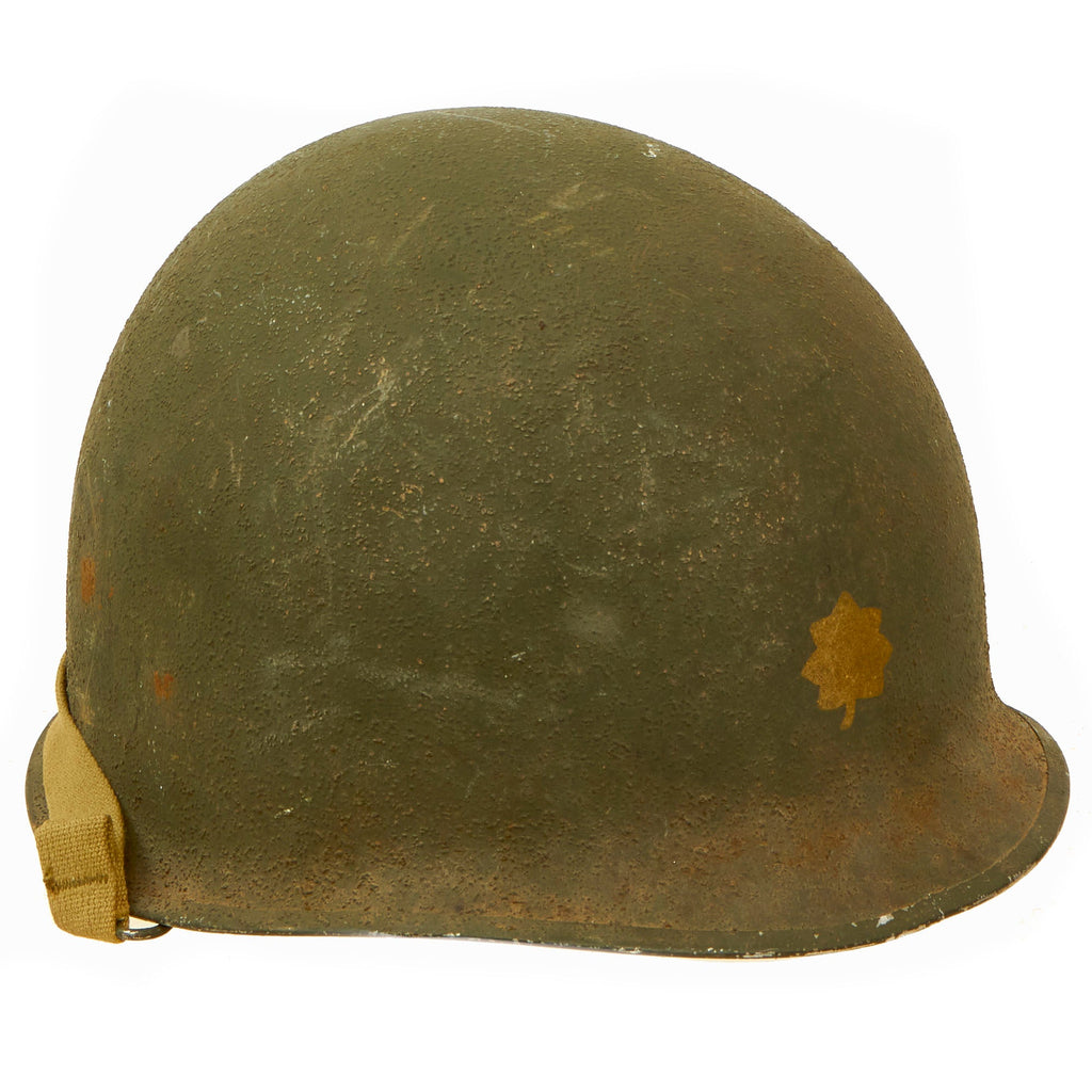 Original U.S. WWII Named 1944 McCord Front Seam Swivel Bale M1 Helmet With CAPAC Liner Both With Painted Rank Insignia - U.S. Army Major Original Items