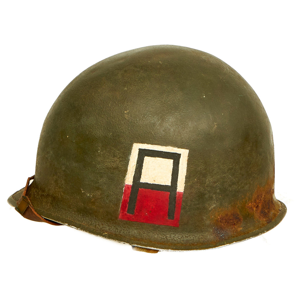 Original U.S. WWII 1st US Army Ordnance Painted 1942 M1 McCord Front Seam Fixed Bale Helmet with Westinghouse Liner - Complete Original Items