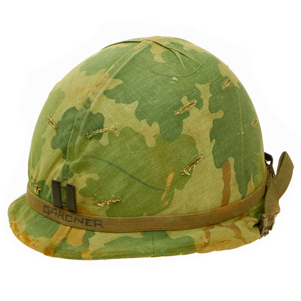 Original U.S. Vietnam M1 Helmet with Early USMC Camouflage Cover and Liner - Named to “Captain Gardner” Original Items