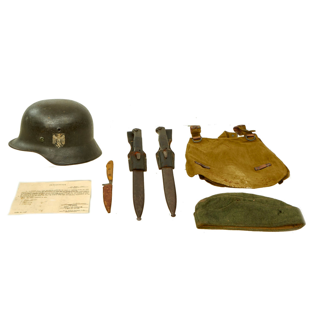 Original German WWII USGI Named Bring Back Grouping with Certificate - Single Decal Heer M40 Helmet, Overseas Cap, 2x 98K bayonets & More Original Items