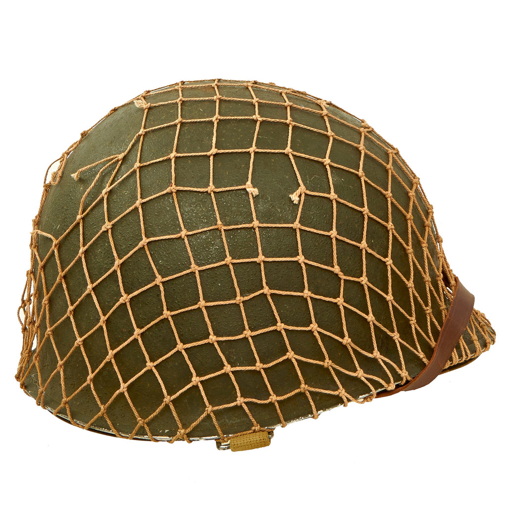 Original U.S. WWII 1944 McCord Front Seam Swivel Bale M1 Helmet with Net and Westinghouse Liner Original Items