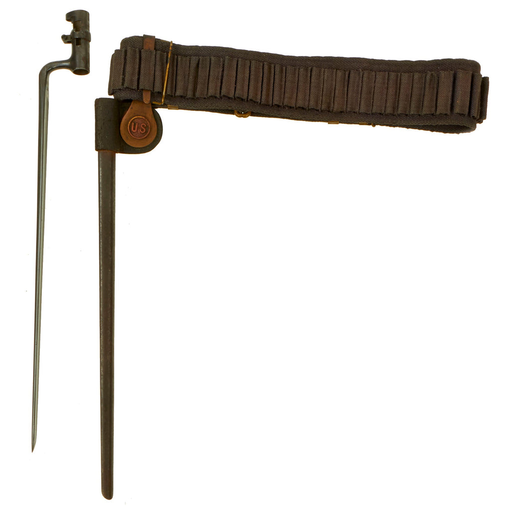 Original U.S. Spanish American War 45 Round .45-70 Rifle Ammunition Belt With Trapdoor M1873 Rifle Socket Bayonet With U.S. Scabbard Original Items