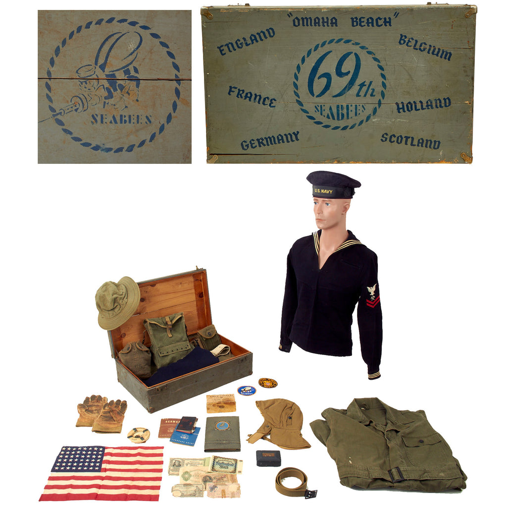 Original U.S. WWII OMAHA BEACH 69th Naval Construction Battalion Seabee Grouping With Painted Trunk and NSDAP Bringbacks - This Was The Only CB Unit To Set Foot On German Soil Original Items