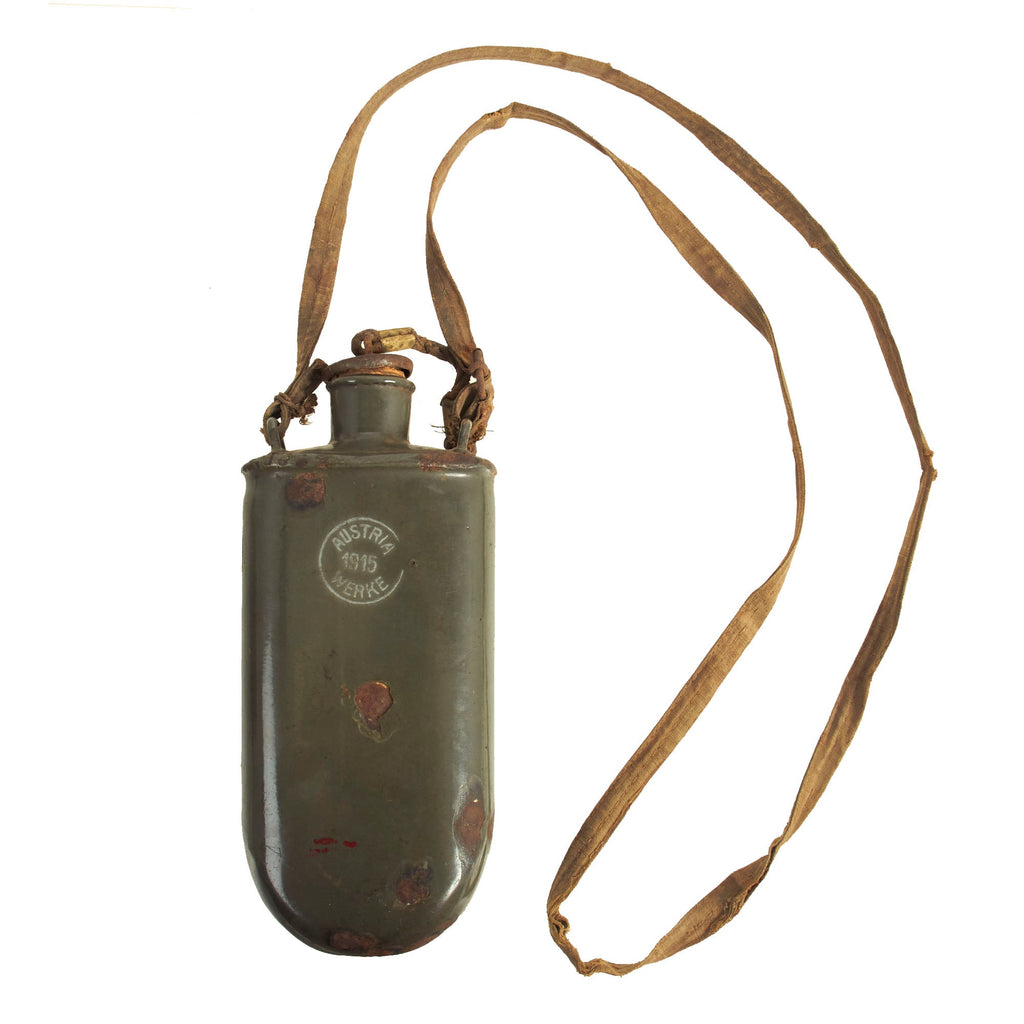 Original Austro-Hungarian 1915 Dated Enameled Canteen With Carry Strap and Stopper by Austria Werke Original Items