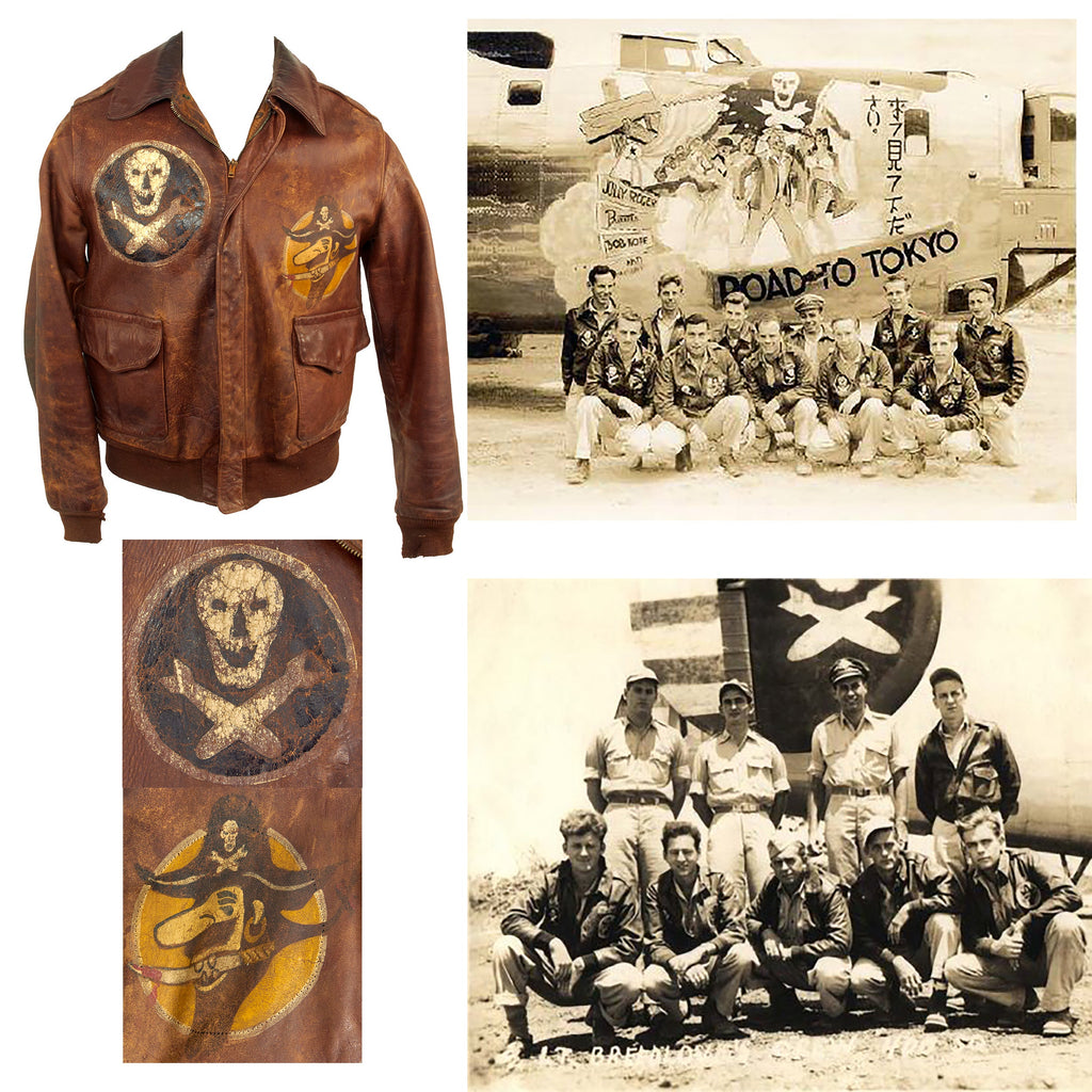 Original U.S. WWII 90th Bomb Group “Jolly Rogers” Painted A-2 Leather Flight Jacket Original Items