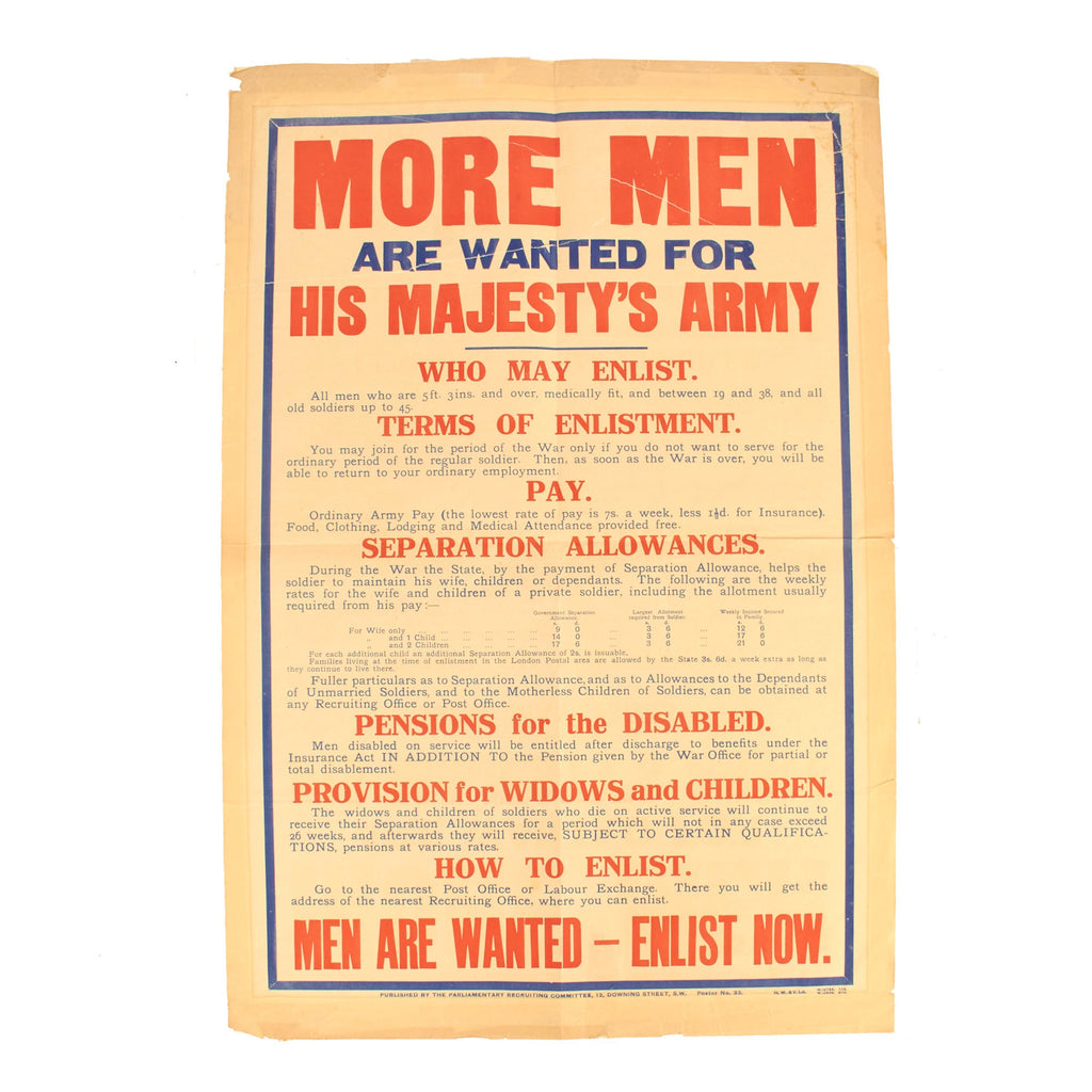 Original British WWI Parliamentary Recruiting Committee Poster “More Men Are Wanted For His Majesty’s Army” - 32” x 21 ½” Original Items