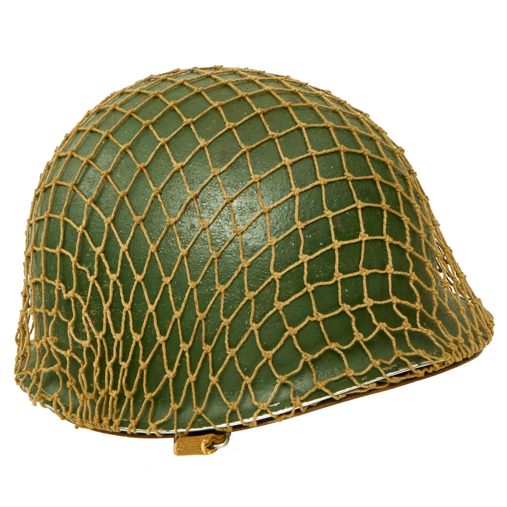 Original U.S. WWII 1944 McCord Front Seam Swivel Bale M1 Helmet with Net and Camouflaged Painted Westinghouse Liner - Pacific Theater Green Period Repaint Original Items