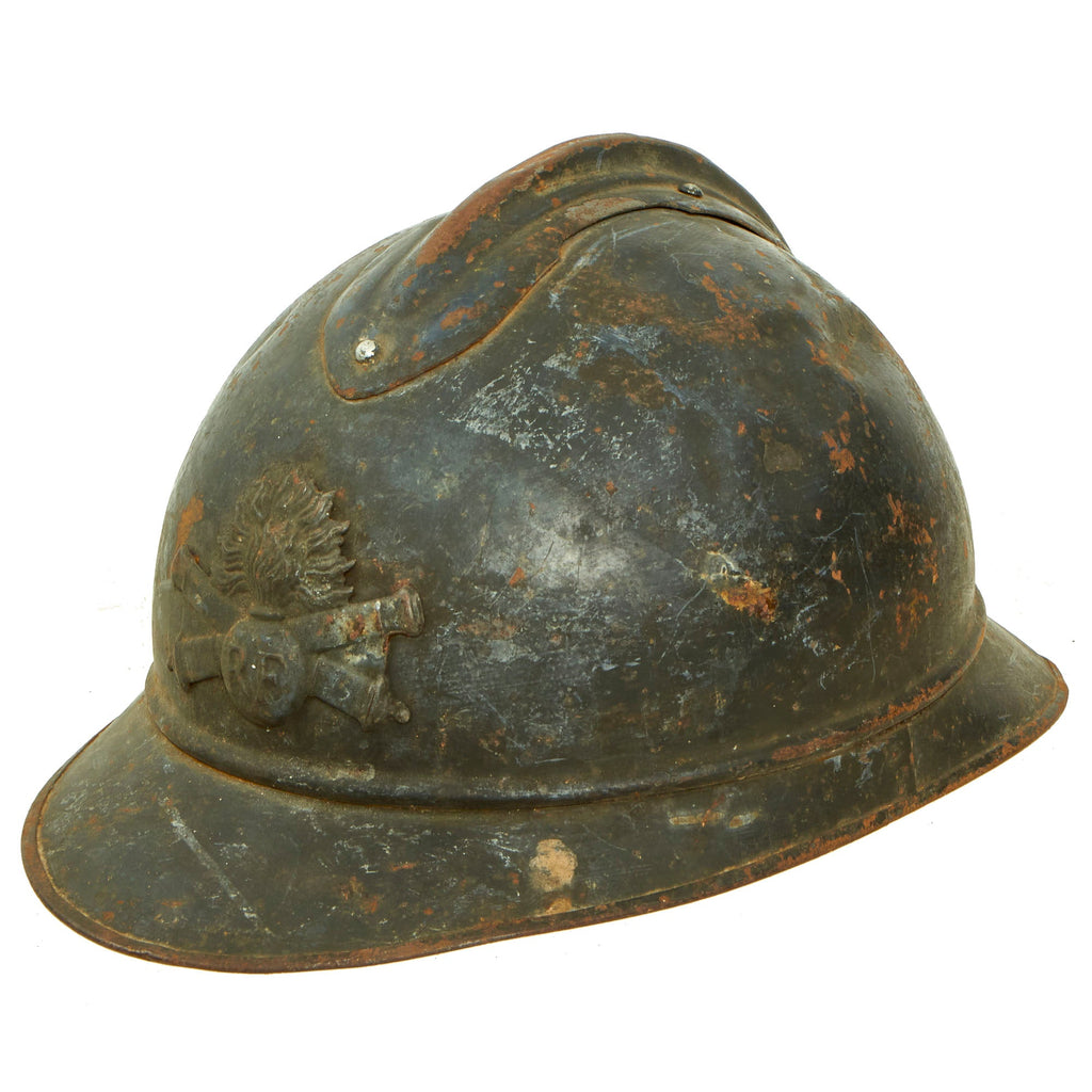 Original French WWI Issue Model 1915 Adrian Helmet in Horizon Blue with Artillery RF Badge and Early First Pattern Liner Original Items