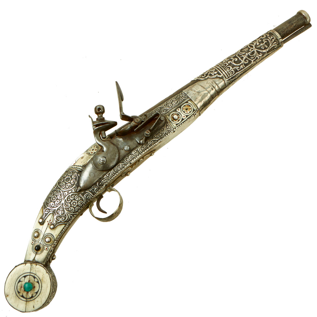 Original Ottoman Empire Caucasian Flintlock Pistol With Camel Bone & Embossed Silver Clad Stock - circa 1800 Original Items