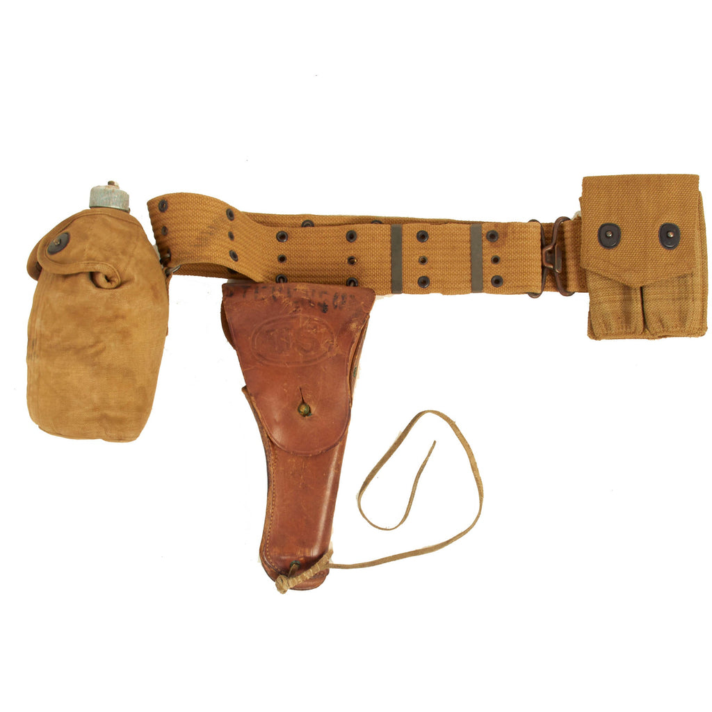 Original U.S. WWI M-1910 Pistol Belt Rig Featuring Early Boyt M1916 Holster for 1911 .45 Automatic, Magazine Pouch and Canteen Set Original Items