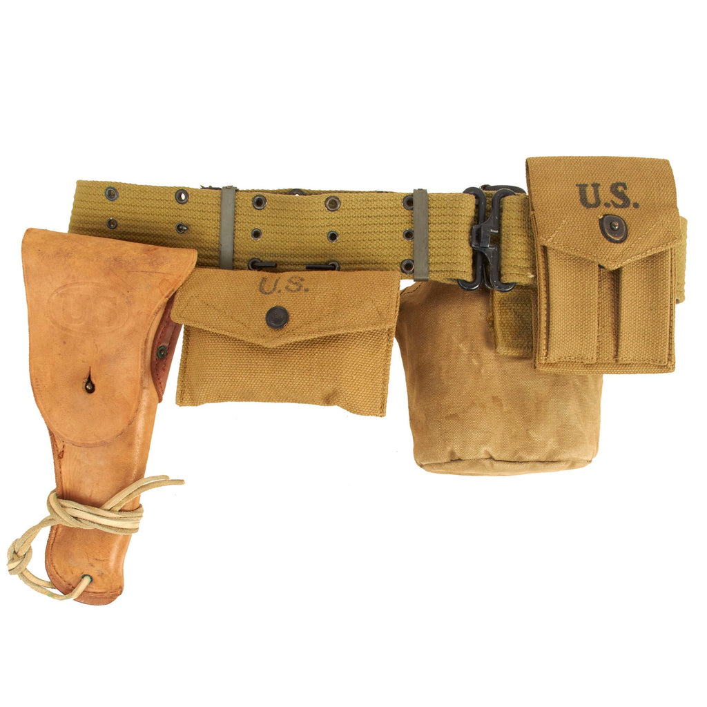Original U.S. WWII Officer M1936 Pistol Belt, M1911 Holster by Rare Maker, Magazine Pouch, British Made First Aid Pouch WITH Box & Bandage and M1910 Canteen Set Original Items