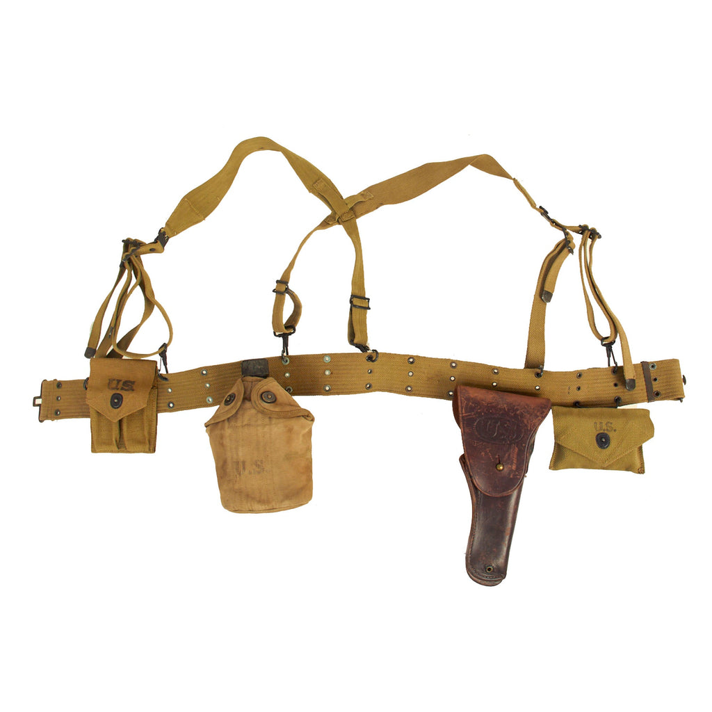Original U.S. WWII Officer M1936 Pistol Belt, M1936 Suspenders, M1911 Holster, Magazine Pouch, M1910 Canteen Set & First Aid Pouch WITH Box & Bandage Original Items