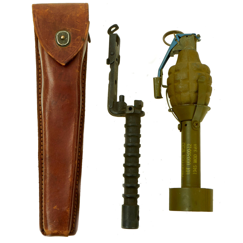 Original U.S. Korean War / Vietnam Inert MkII Pineapple Grenade Dummy in 1969 dated M1 Rifle Grenade Adapter with M7A2 Garand Launcher and Rare Leather Carry Case Original Items