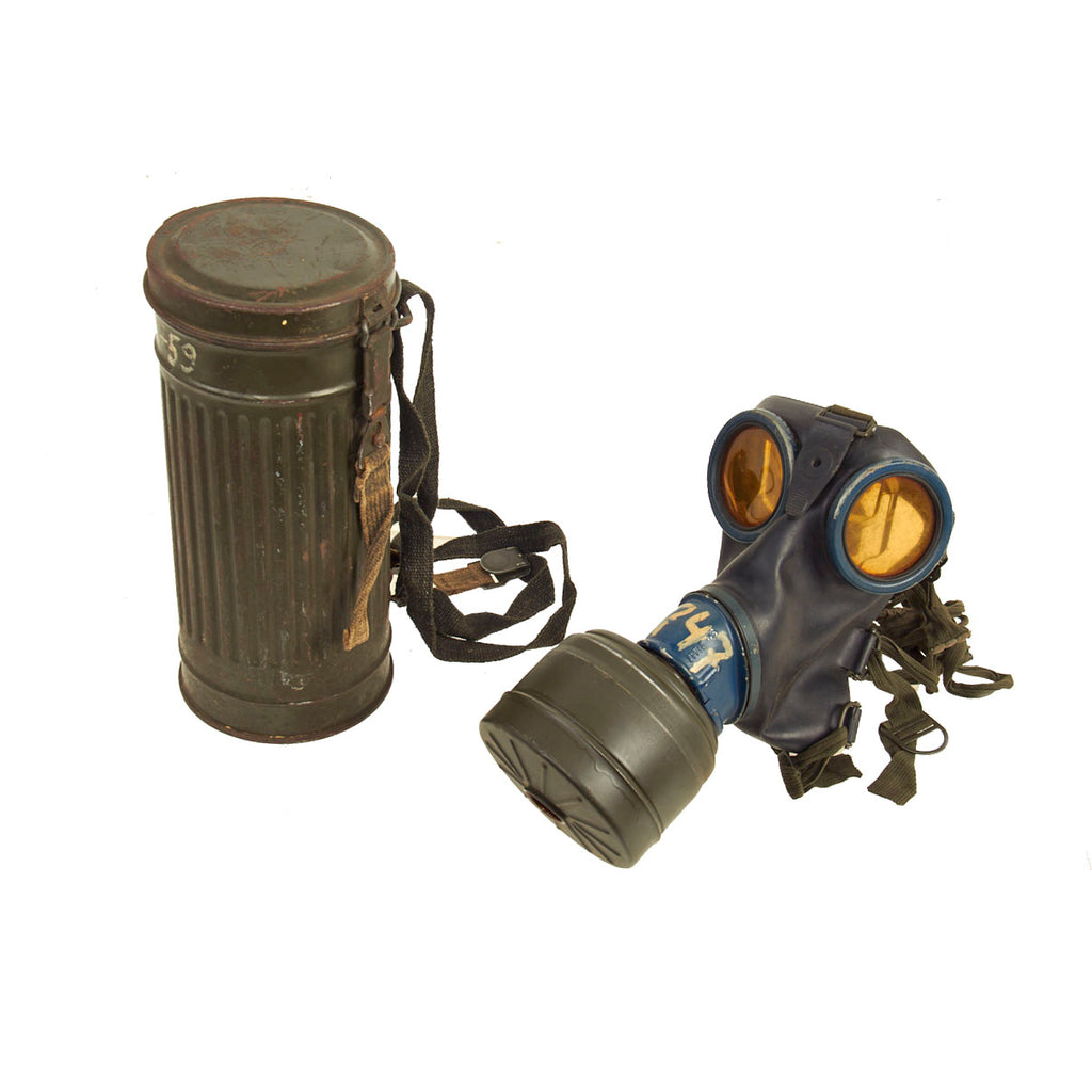 Original German WWII Named M38 Gas Mask in Size 1 with Filter & Canister - dated 1943 - Magnetic Fittings Original Items