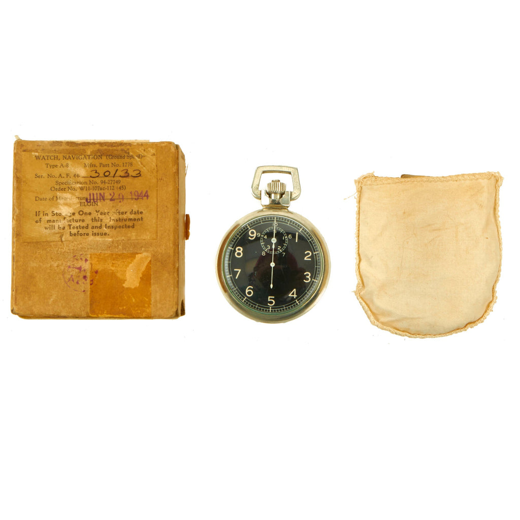 Original U.S. WWII 1944 Army Air Corps B-17 Navigator Type A-8 Jitterbug Stopwatch by Elgin with Matched Box Original Items