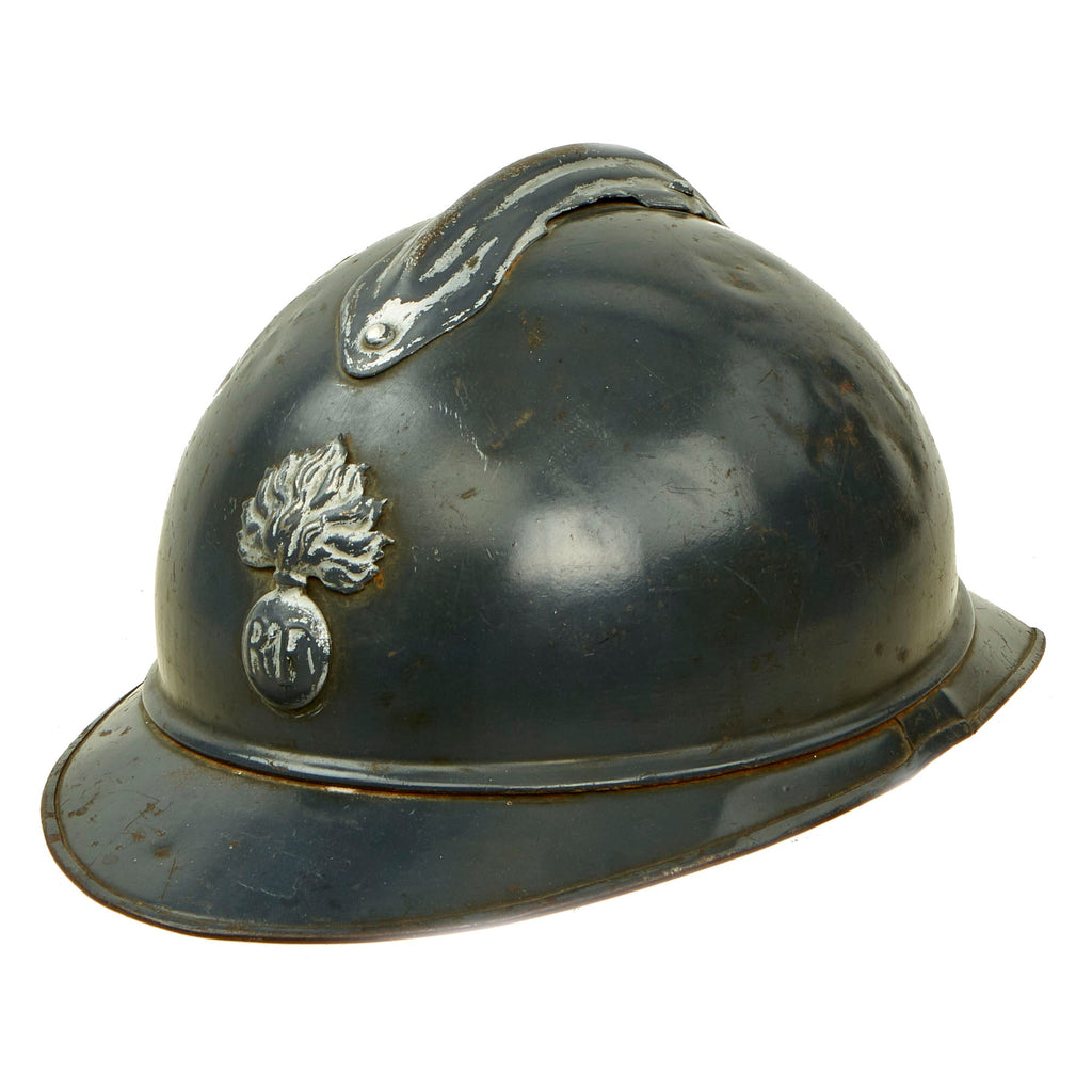 Original French WWI Issue Model 1915 Adrian Helmet in Horizon Blue with RF Badge and Early First Pattern Liner Original Items