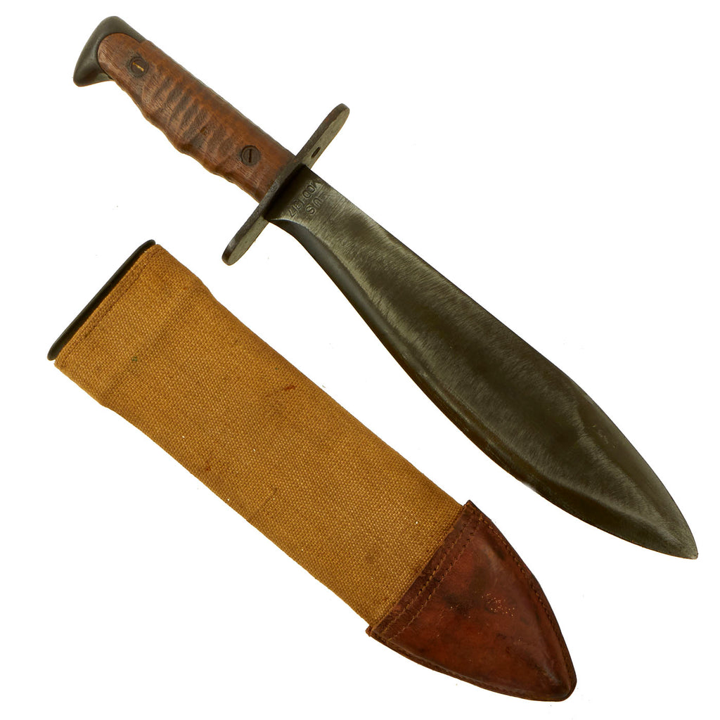 Original U.S. WWI Model 1917 Bolo Knife by Plumb Philadelphia with Canvas Scabbard With Deep Markings - dated 1918 Original Items