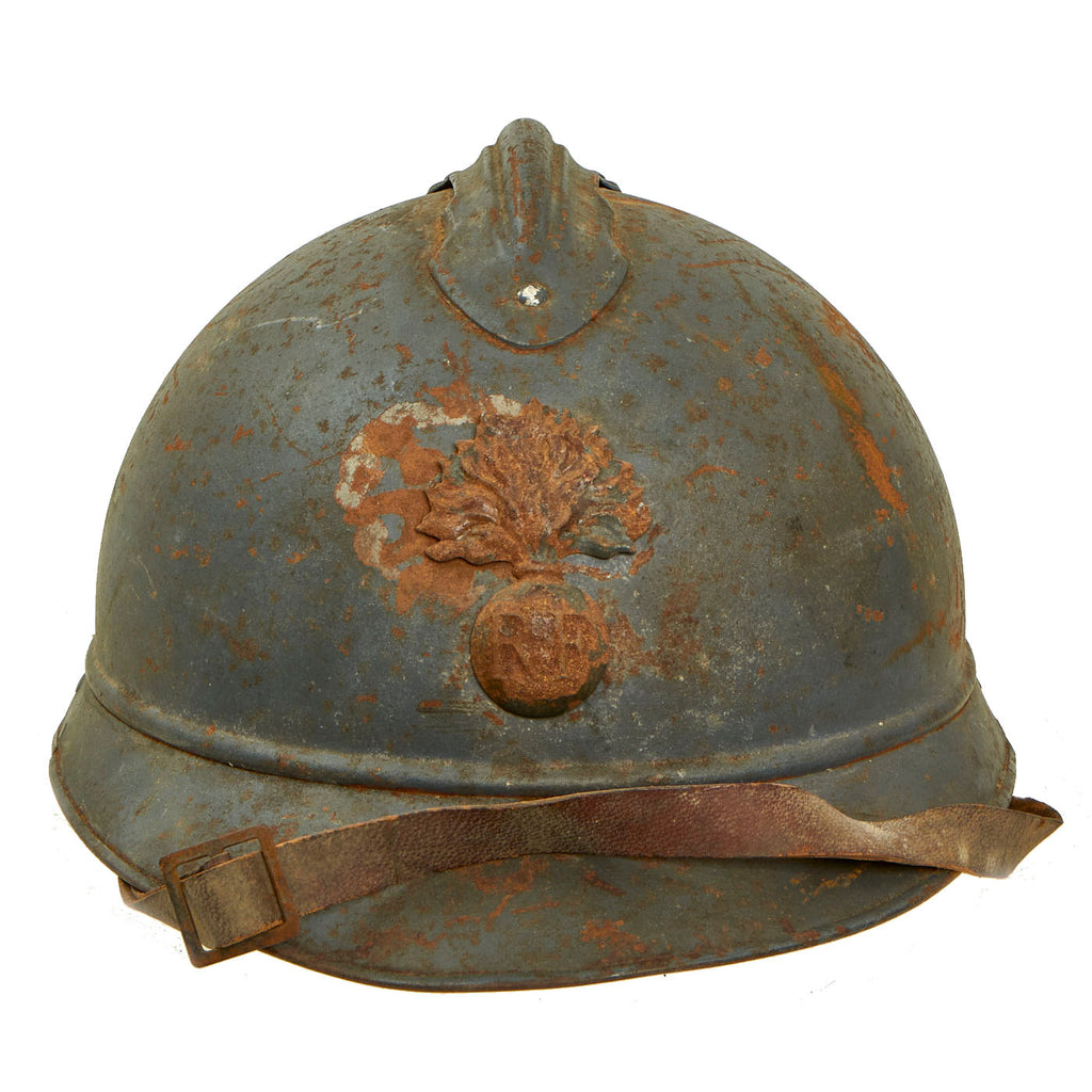 Original French WWI Issue Model 1915 Adrian Helmet in Horizon Blue with RF Badge and Early First Pattern Liner - Complete Original Items
