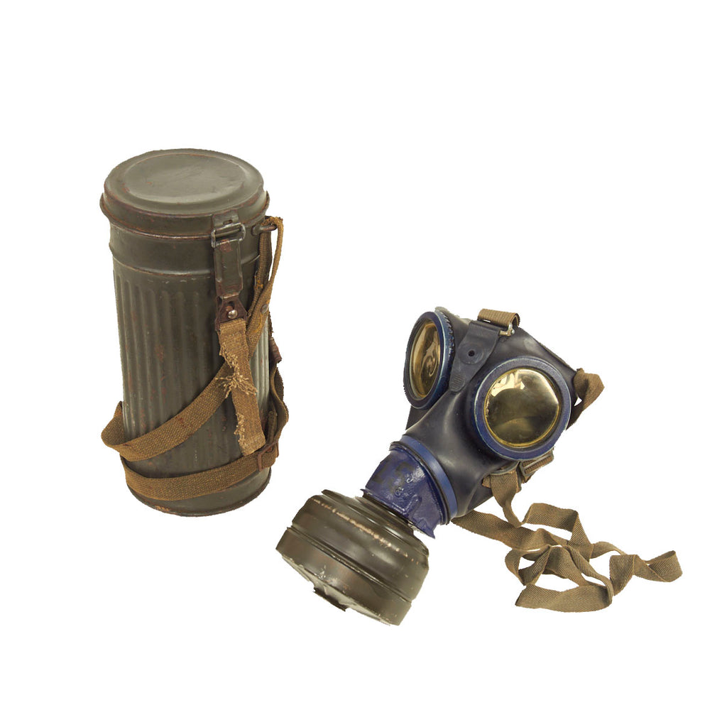 Original German WWII Named M38 Gas Mask in Size 3 with Filter & Canister - dated 1944 - Magnetic Fittings Original Items