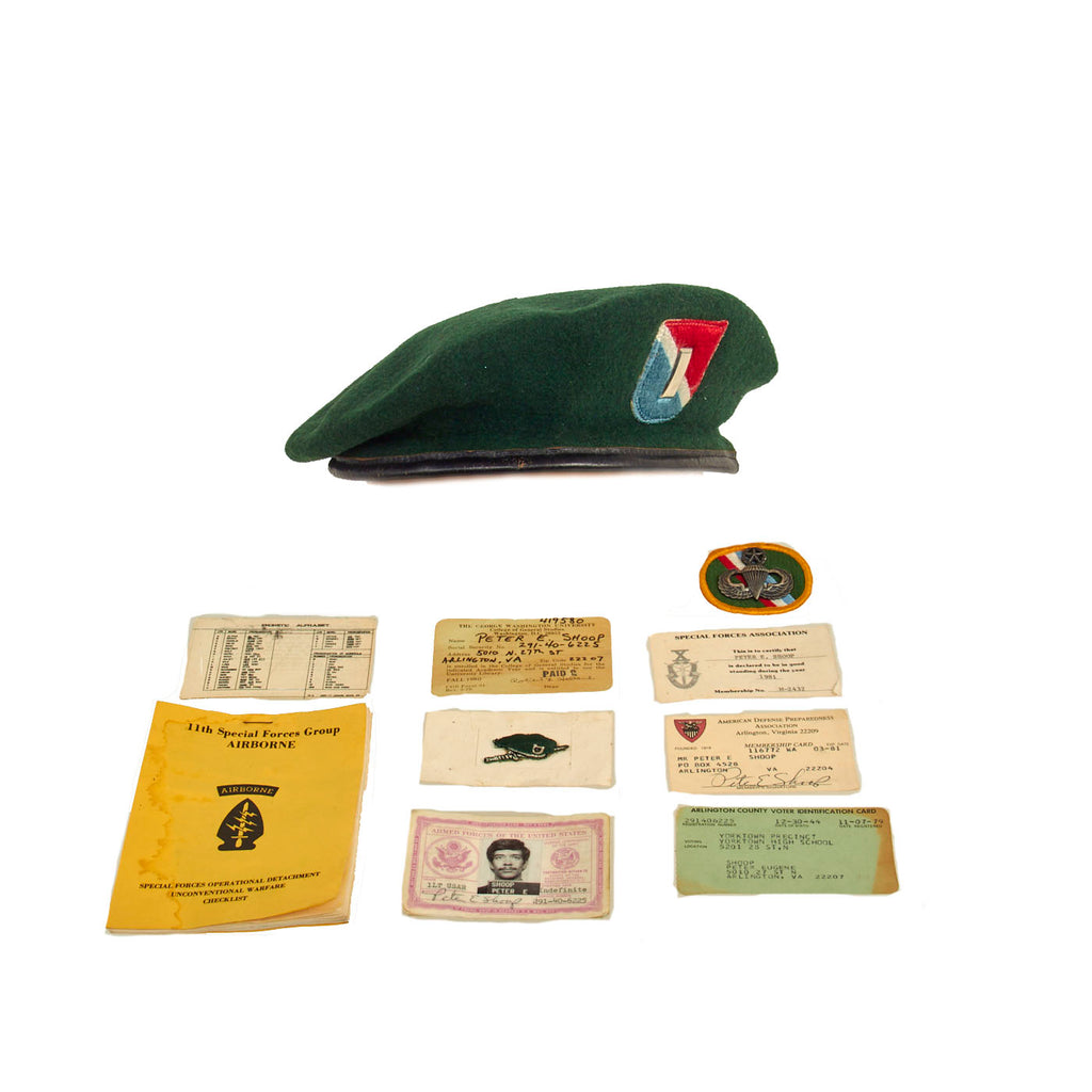 Original U.S. Vietnam War Era 11th Special Forces Group (Airborne) Green Beret Grouping With ID Card and Special Forces Association Cards - 1st Lieutenant Peter E. Shoop Original Items