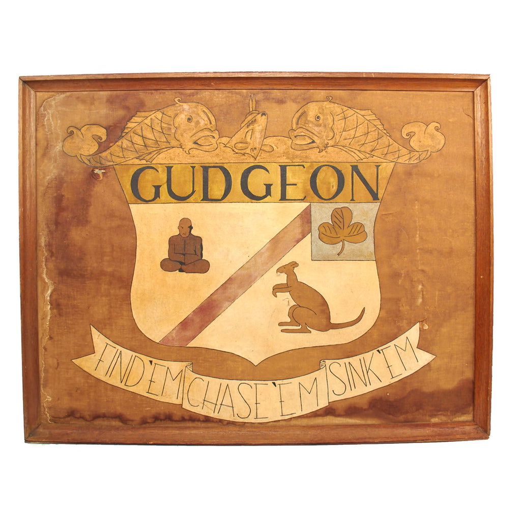 Original U.S. WWII Framed USS Gudgeon Flag Constructed From Sailcloth - First American Submarine To Sink Enemy Warship During WWII and Declared Lost With All Hands on June 7, 1944 - 33” x 42 ½” Original Items