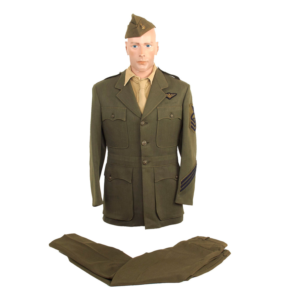 Original U.S. WWII US Navy Aviation Winter Working Uniform Set With Jacket, Shirt, Tie, Trousers and Overseas Cap - Chief Aerographer's Mate Original Items