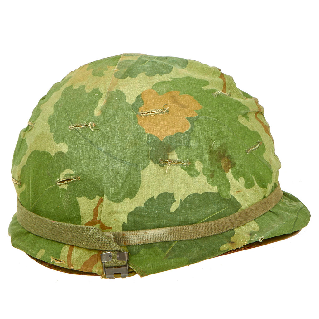Original U.S. Vietnam Ingersoll M1 Helmet with USMC Camouflage Cover and 1956 Dated Liner With 12th Field Artillery and 77th Infantry Division Decals Original Items