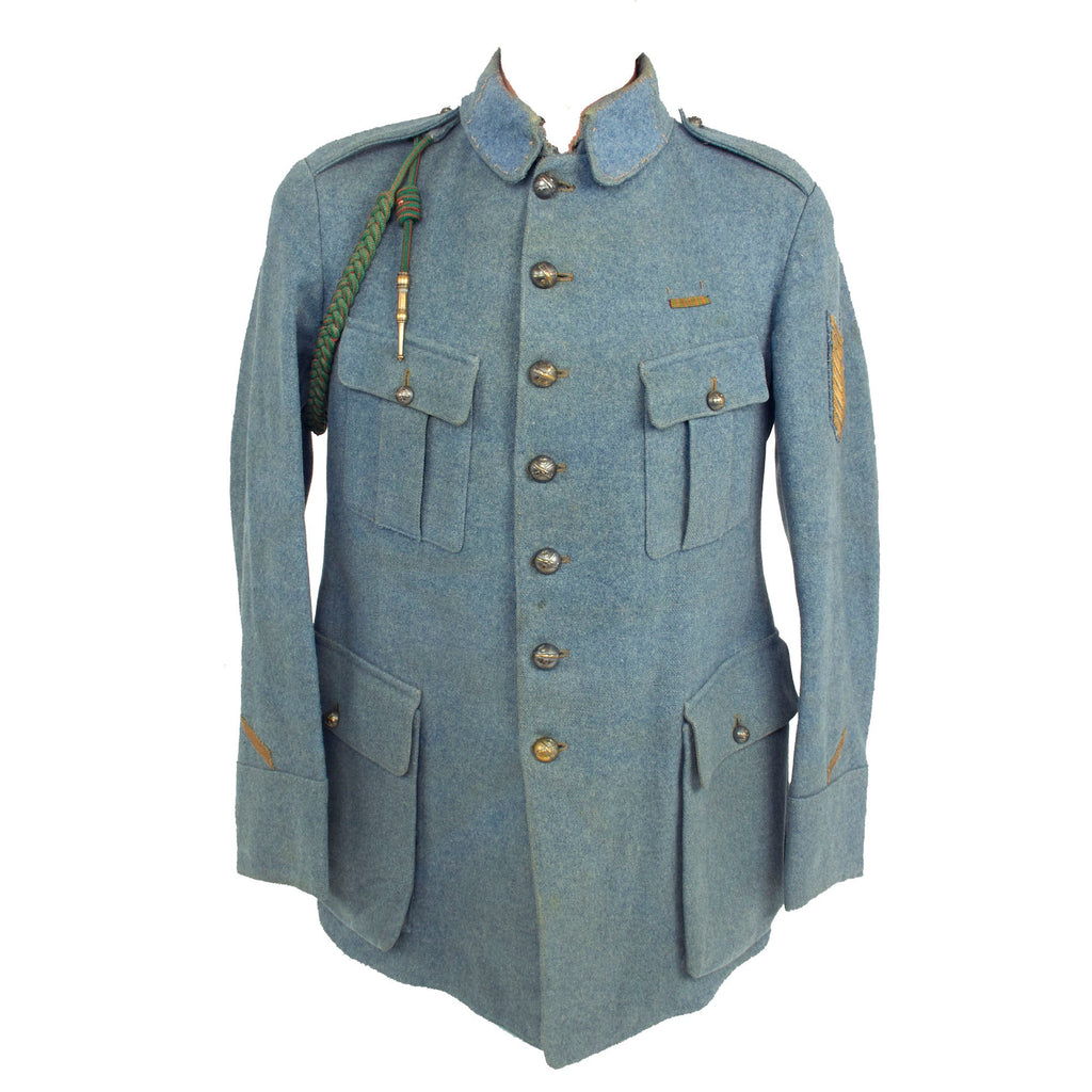 Original French WWI Horizon Blue Artillery Sergeant Uniform Top With 7 Chevrons d’Ancienneté de Présence (Service Chevron) For 3.5 Years of Service Original Items