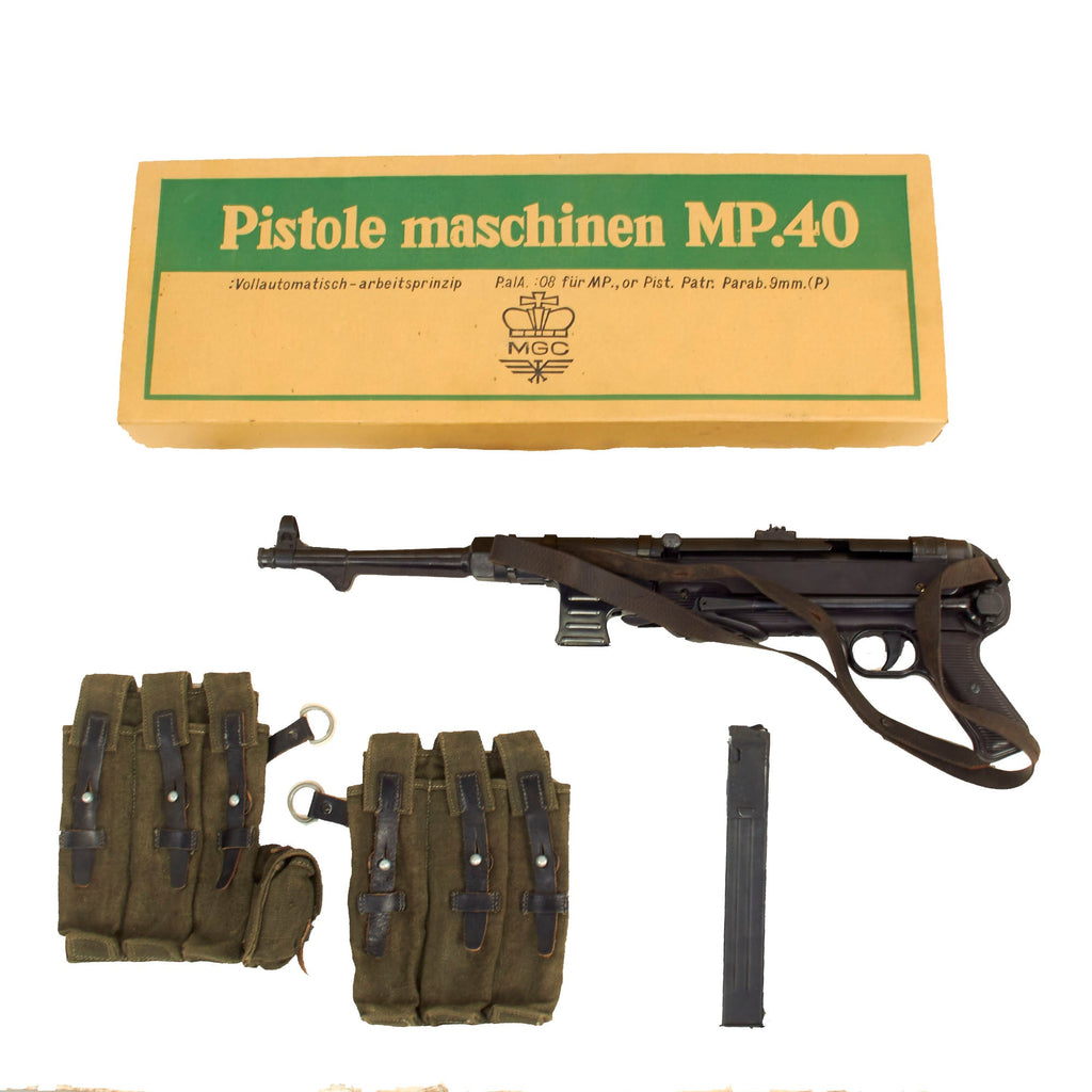 German WWII Replica MP 40 Cap Plug-Firing Submachine Gun by MGC Japan with Sling, Box, Magazine Pouches and Magazine Original Items