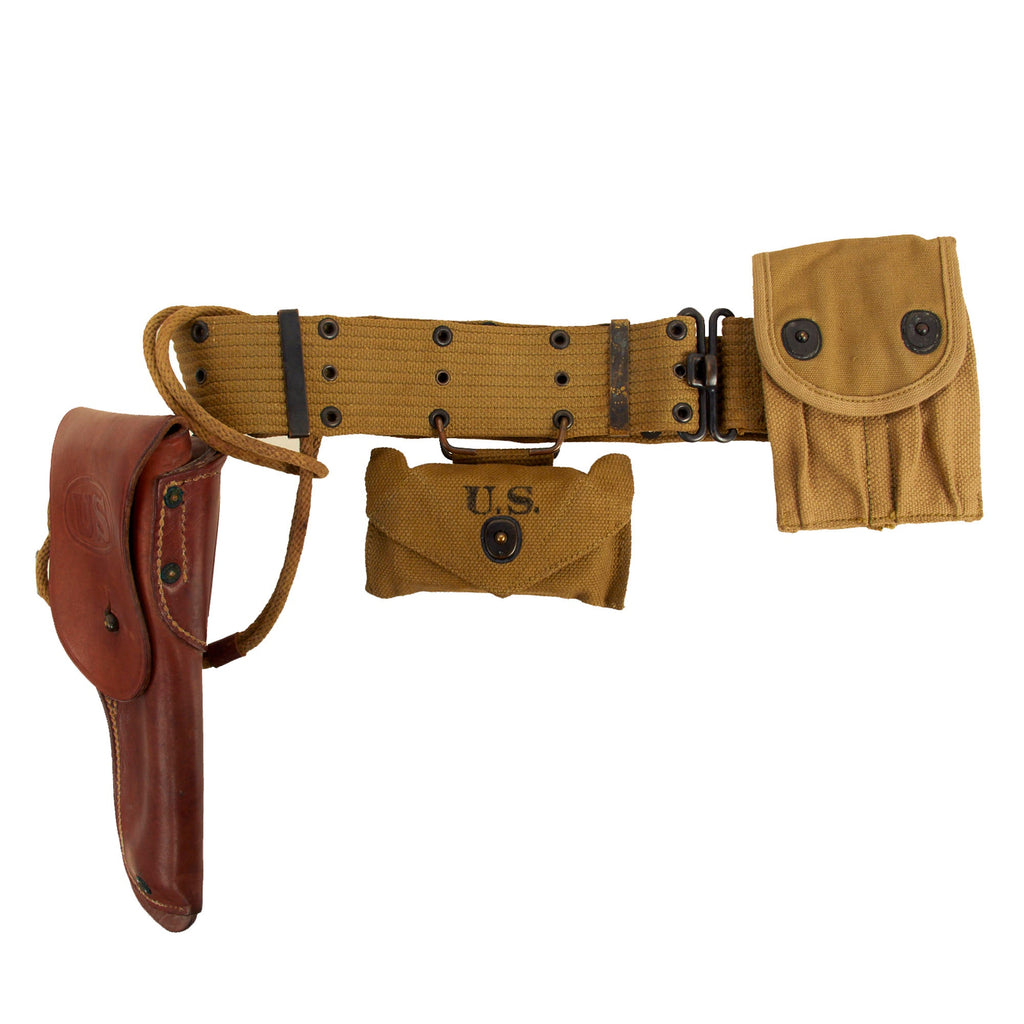 Original U.S. WWII Officer M1936 Pistol Belt, M1911 Holster by Rare Maker, WWI Magazine Pouch & First Aid Pouch WITH Box & Bandage Original Items