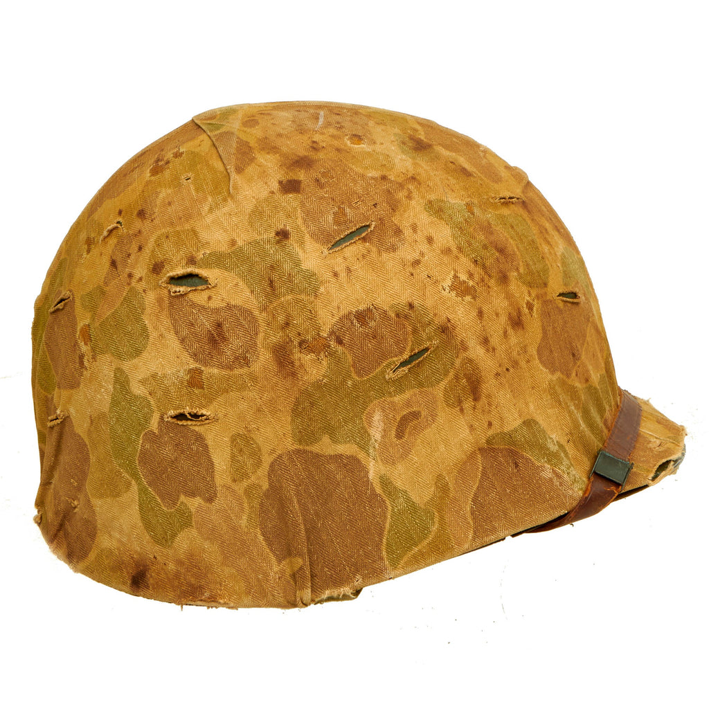 Original U.S. WWII Untouched / Service Worn Fixed Bale M1 Helmet With 2nd Pattern USMC HBT Camouflage Cover and St. Clair Low-Pressure Liner - Complete Original Items