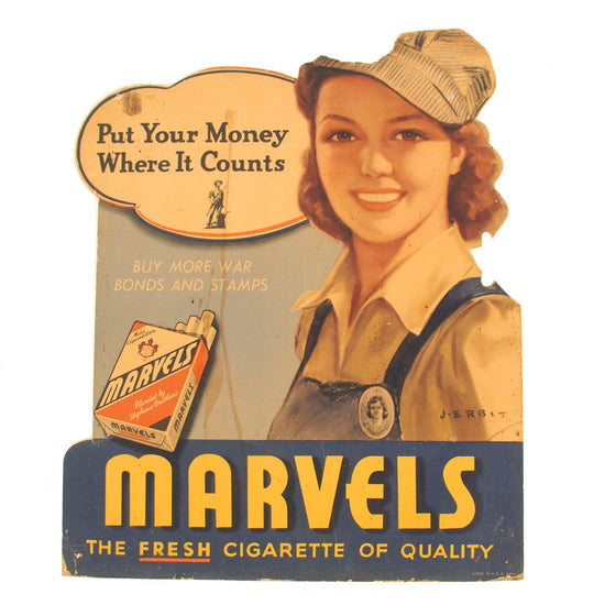 Original U.S. WWII War Bonds / War Stamps Marvels Cigarettes Advertisement Sign Featuring Female War Industry Worker Original Items