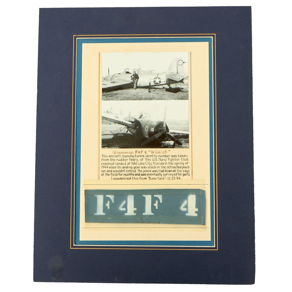 Original U.S. WWII Grumman F4F Wildcat Aircraft Manufacturer's Identity Number Skin Piece With Original Photo Of Sailor and Aircraft It Was Taken From - Removed by US Navy Martin PBM Mariner Tail Gunner Jack Moses Original Items