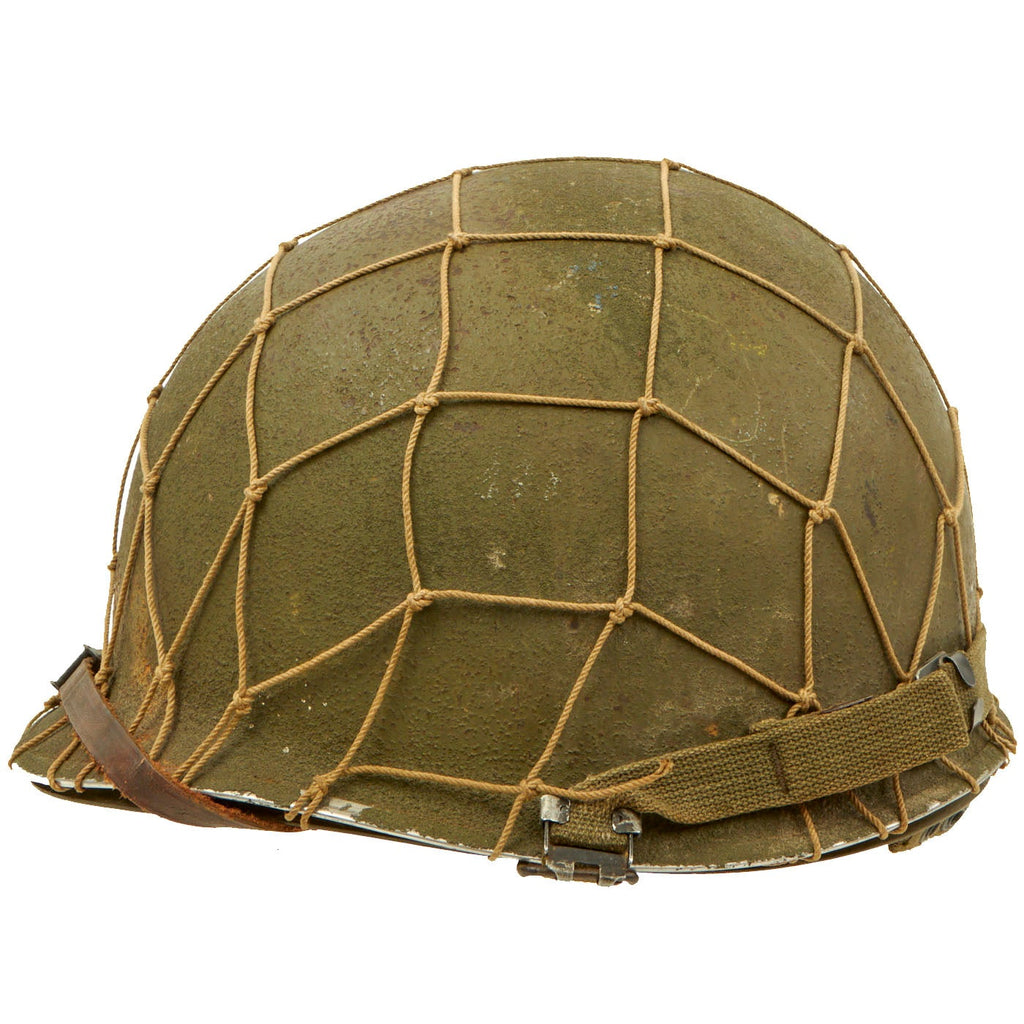 Original U.S. WWII 1942 M1 McCord Front Seam Helmet with Korean War Westinghouse Paratrooper Liner and Net Original Items
