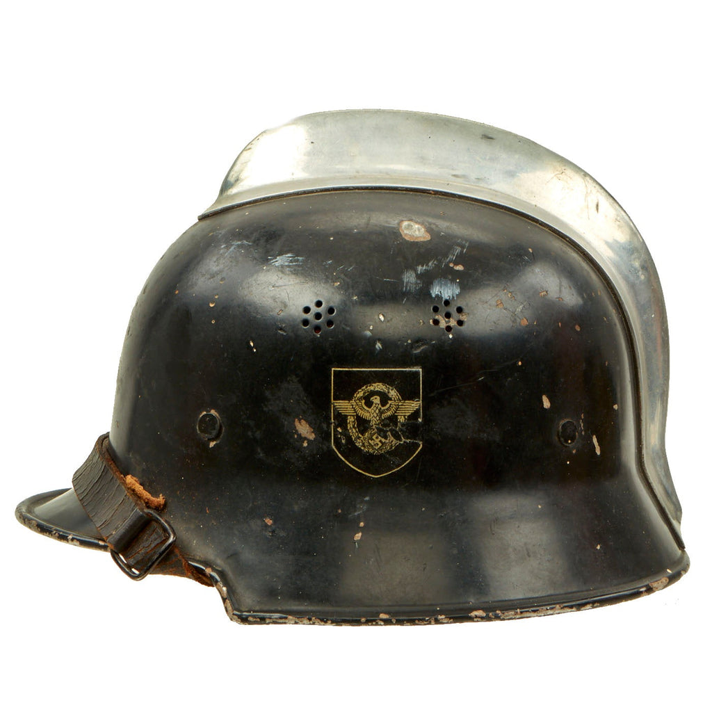 Original German WWII M34 Square Dip Aluminum Fire Police Helmet with Double Decals - Feuerwehr Helmet Original Items