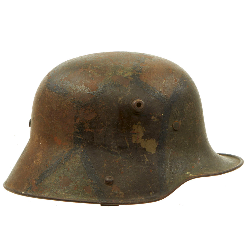 Original German WWI M16 Stahlhelm Helmet with Panel Camouflage Paint and Partial Liner - marked ET64 Original Items