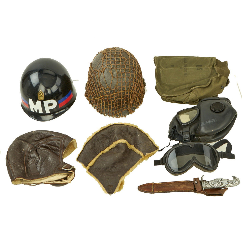 Original & Reproduction WWII & Post War Collector's Set - Helmets, Goggles, Gas Mask & Knife Original Items