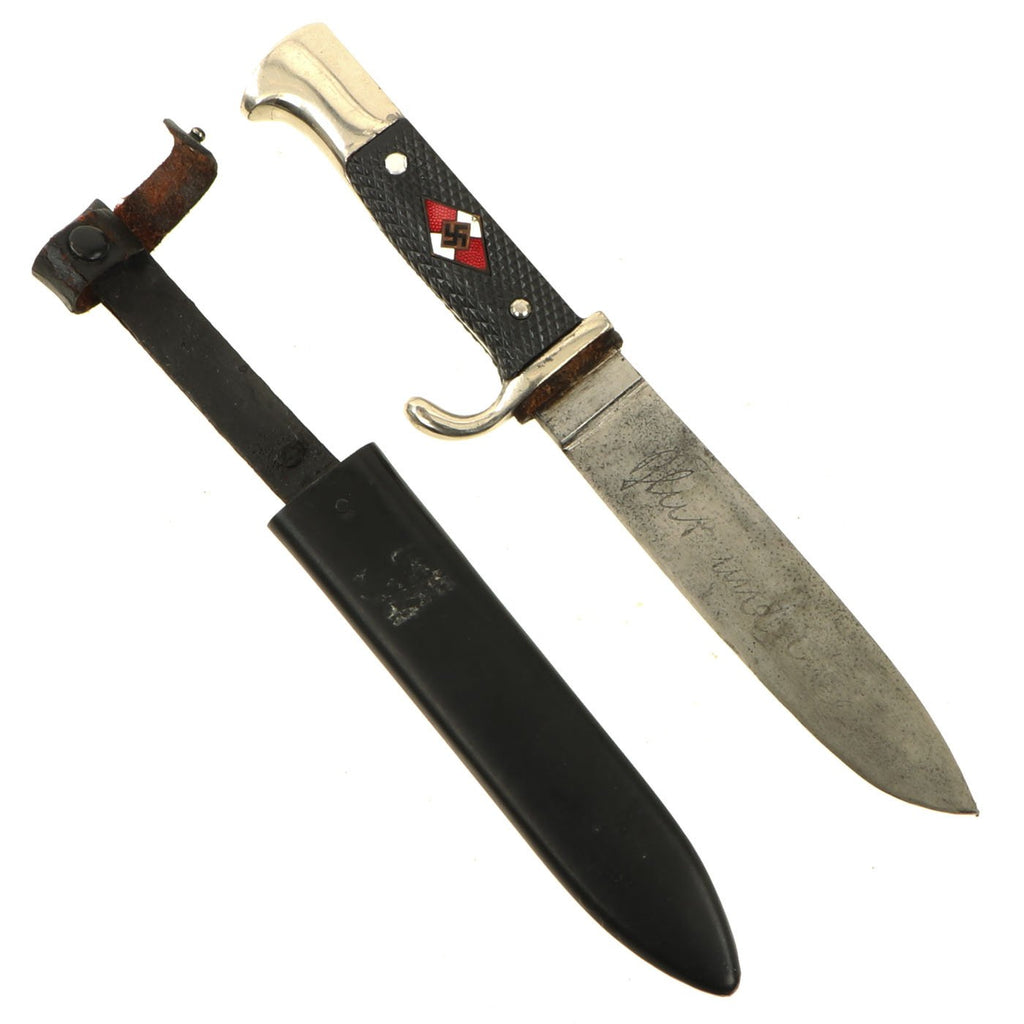 Original German WWII Transitional Motto-Marked HJ Knife by Ed. Wüsthof with Replaced Grips & Scabbard Original Items