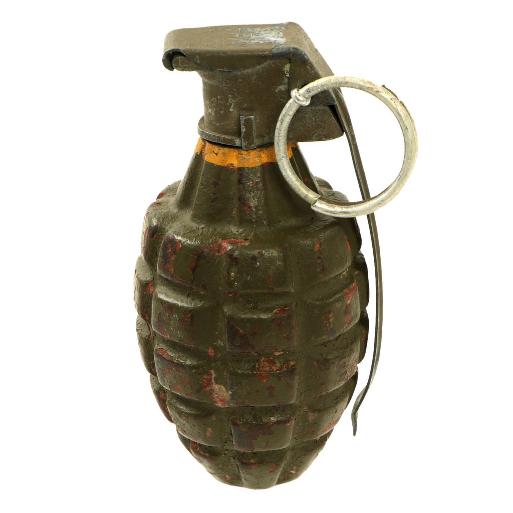 Original U.S. WWII Inert MkII High Explosive Pineapple Grenade with Yellow Ring & M10A3 Fuze Original Items
