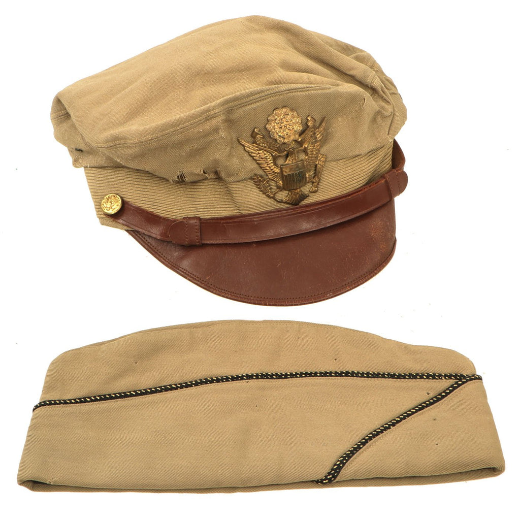 Original U.S. WWII USAAF Named B24 Co-Pilot Shot-Down P.O.W. Officer Crush Visor Cap & Garrison Cap Original Items