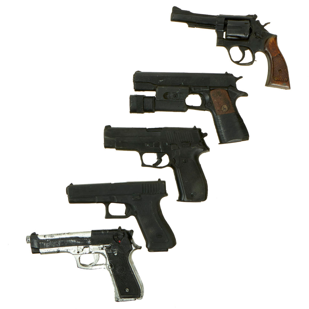 Original Hollywood Film Rubber Prop Pistols from Ellis Props & Graphics - Beretta 92, Glock 17, Sig Sauer, Colt MK IV With Light and Smith & Wesson .38 - 5 Items Original Items