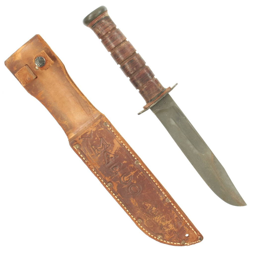 Original U.S. WWII USMC KA-BAR Style Fighting Knife by PAL with Personalized Leather Scabbard Original Items