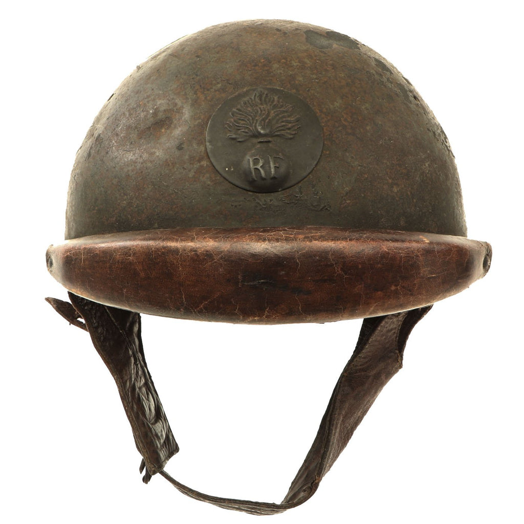 Original French WWII Model 1935 Tanker Armored Vehicle Helmet with R.F. Badge Original Items