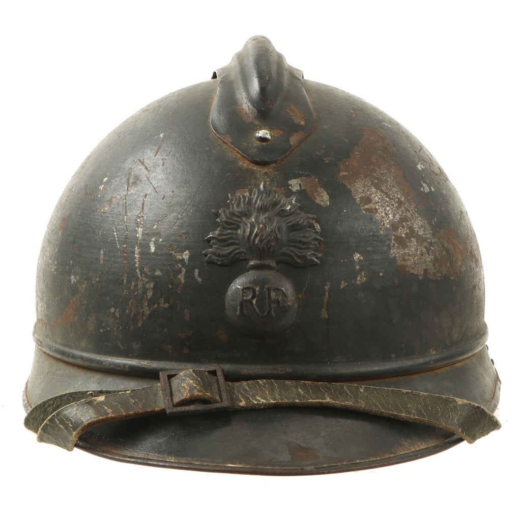 Original French WWI Service Worn Model 1915 Adrian Helmet in Horizon Blue with RF Badge Original Items