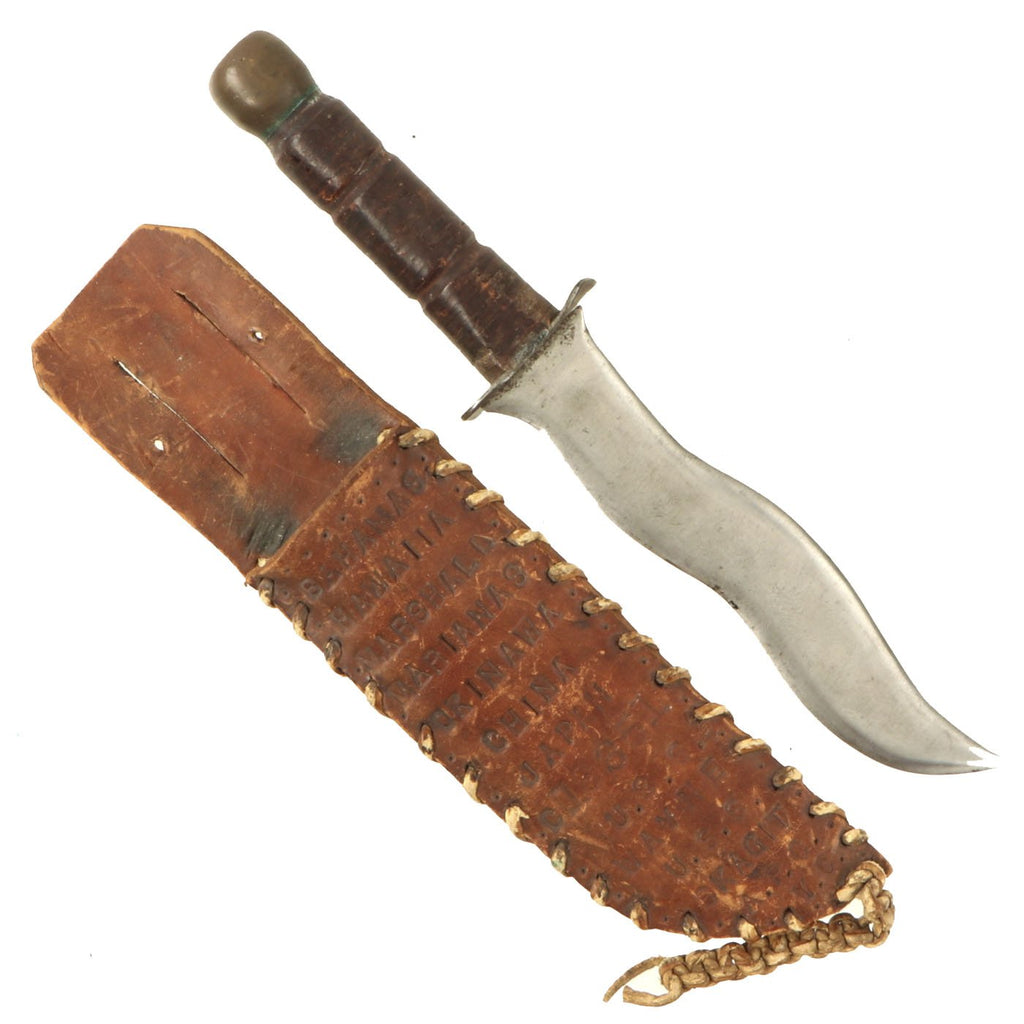 Original U.S. WWII Pacific Theater Made Wavy Blade Fighting Knife with ID Marked Scabbard Original Items