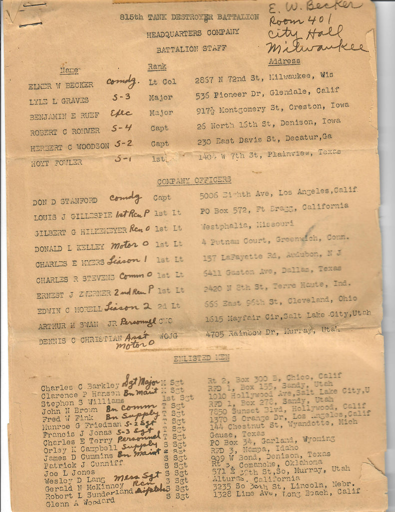 Original U.S. WWII Named 775th Tank Battalion Commander Bronze Star Re ...
